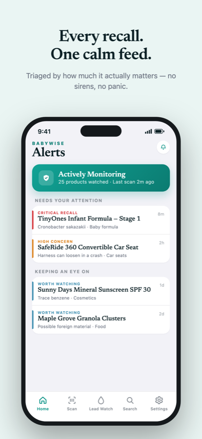 Home feed — every recall in one calm, triaged list